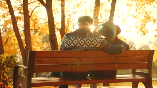 Ανώτερος ζευγάρι απολαμβάνει το ηλιοβασίλεμα στον πάγκο στο πάρκο φθινόπωρο — Αρχείο Βίντεο