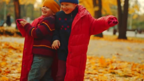 Dos niños pequeños jugando en el parque con un abrigo de piel — Vídeos de Stock