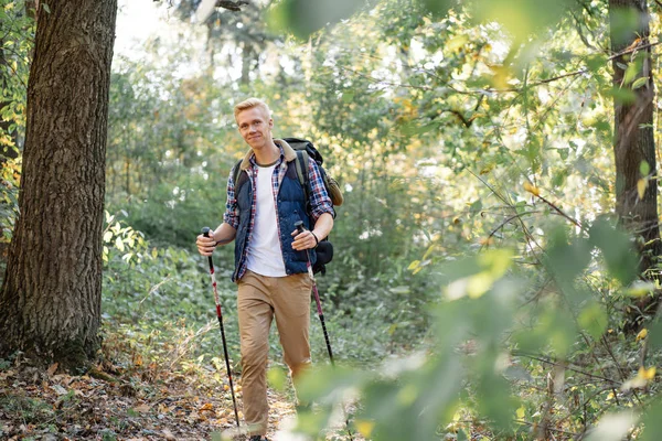 Joven disfrutando de senderismo solo con bastones nórdicos en el bosque —  Fotos de Stock