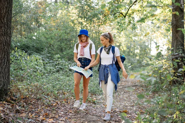 Dos jóvenes haciendo senderismo en el bosque con mapa en sus manos —  Fotos de Stock