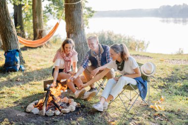 Yaz tatillerini üzerinde Marshmallows ateşin ortasına zammı yakın göl üzerinde yemek arkadaşlarım. Arka plan üzerinde kamp