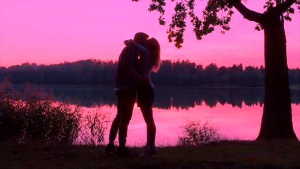 Jong koppel kussen bij zonsondergang — Stockvideo