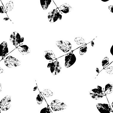 Siyah ve beyaz soyut siluet Dikişsiz desen bırakır. El yaprak siluetleri karalama dokular ile çekilmiş. Doğal unsurlar tek renkli renklerde. Kağıt, kumaş, arka planlar ve doğal ürün için vektör grunge tasarım