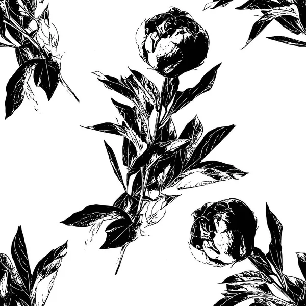 Pfingstrose Blume Silhouette Nahtloses Muster Handgezeichnete Blatt Silhouetten Mit Kritzelbaren — Stockvektor