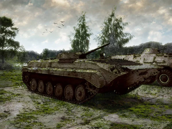 Abandoned tank on the empty land. Self-propelled howitzer