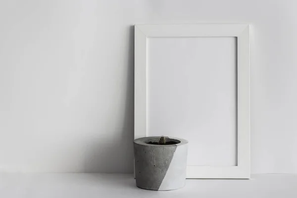 Marco de fotos de madera blanca con cactus en maceta — Foto de Stock