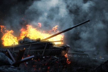 Gün batımında savaş alanında yanan savaş tankı