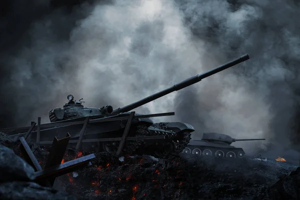 Tanques y aviones se precipitan a la batalla en tierra asediada en llamas —  Fotos de Stock