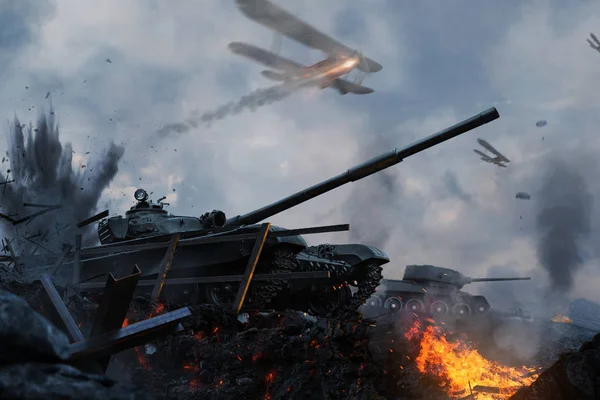 Tanky a letadla spěchají do bitvy na obleženém hořící půdě — Stock fotografie