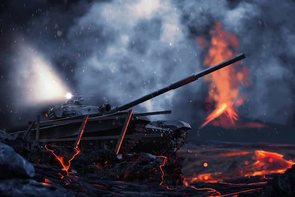 Tanque de batalha no campo de batalha contra o fundo de um vulcão ativo — Fotografia de Stock