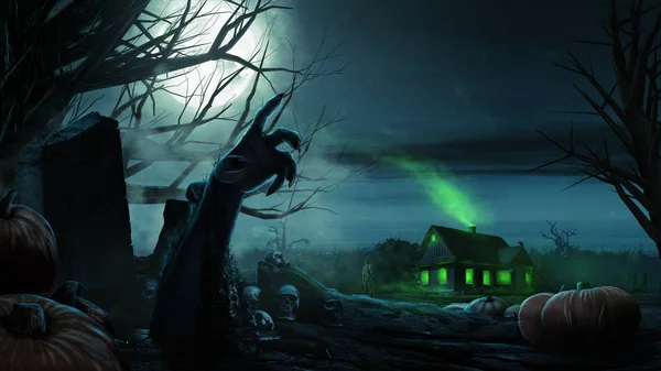 Zombi kéz emelkedik ki a sírból. Halloween háttér zombik — Stock Fotó