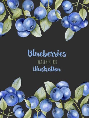 Karanlık bir arka plan üzerinde kart şablonu suluboya yaban mersini dalları, çerçeve kenarlık arka plan, el ile boyalı