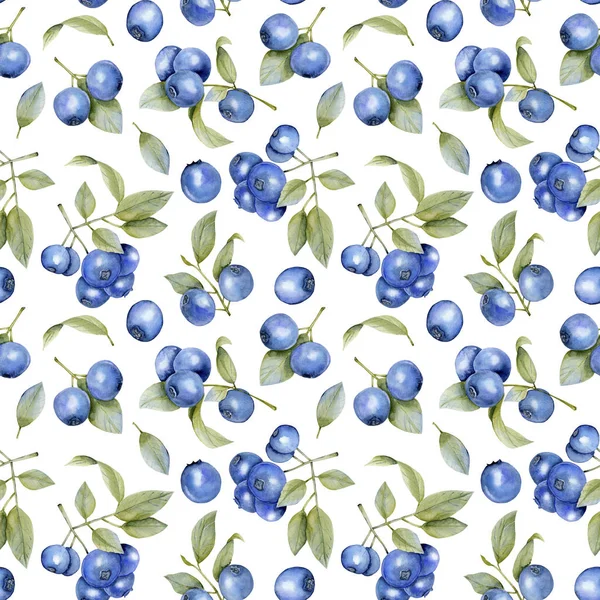Watercolor blueberries seamless pattern, hand painted on a white background