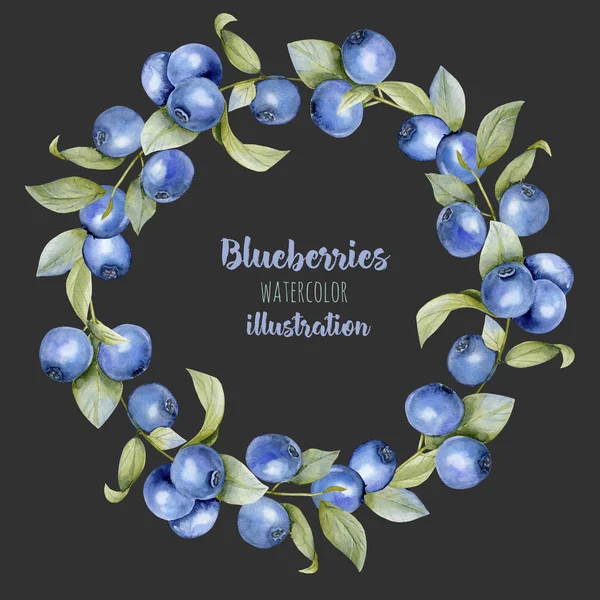 Akvarell Blueberry Ágak Koszorú Test Határ Kézzel Festett Sötét Háttér — Stock Fotó