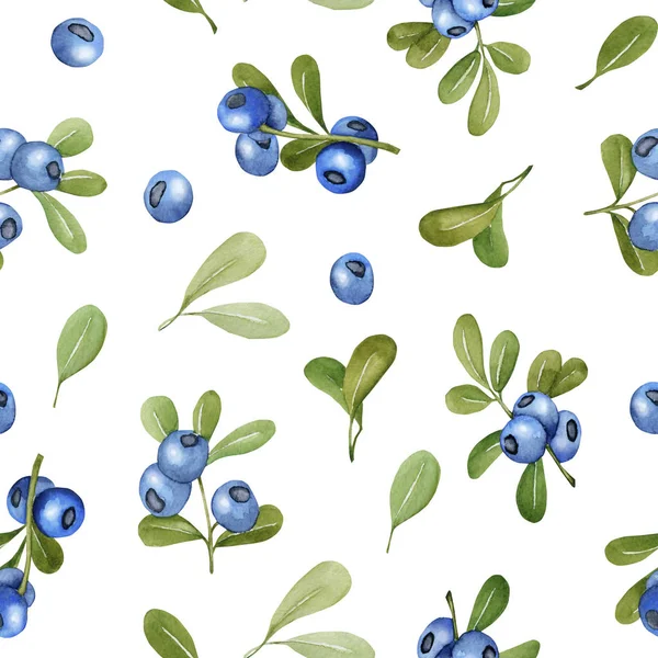 水彩蓝莓无缝图案 手绘白色背景 — 图库照片