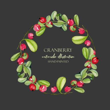 Suluboya kızılcık çelenk, çerçeve kenarlığı, el boyalı karanlık bir arka plan üzerinde