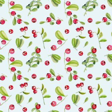 Suluboya kızılcık seamless modeli, el boyalı mavi bir arka plan üzerinde