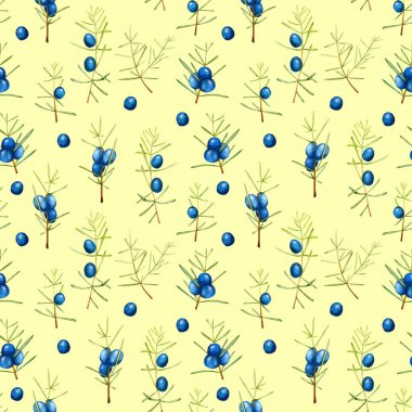 Suluboya ardıç dalları seamless modeli, el boyalı sarı bir arka plan üzerinde