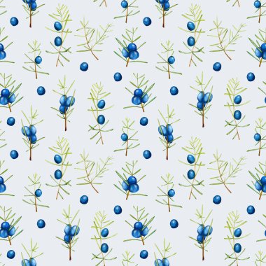 Suluboya ardıç dalları seamless modeli, el boyalı mavi bir arka plan üzerinde
