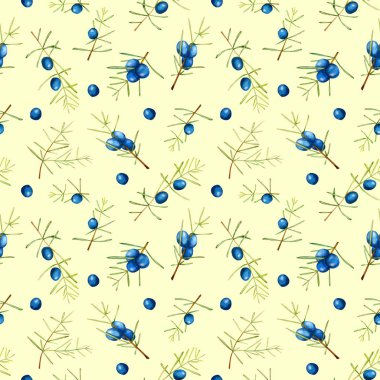 Suluboya ardıç dalları seamless modeli, el boyalı sarı bir arka plan üzerinde