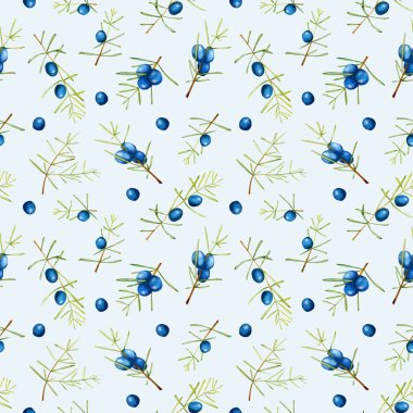 Suluboya ardıç dalları seamless modeli, el boyalı mavi bir arka plan üzerinde