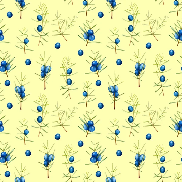 Suluboya ardıç dalları seamless modeli, el boyalı sarı bir arka plan üzerinde