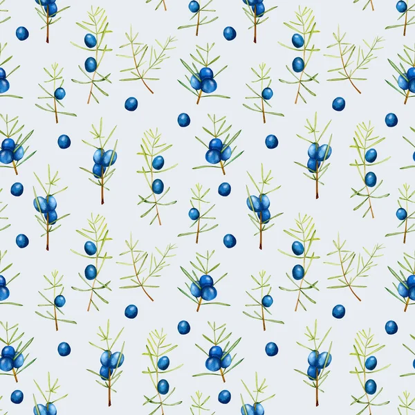 Suluboya ardıç dalları seamless modeli, el boyalı mavi bir arka plan üzerinde