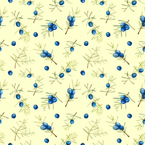 Aquarell Wacholderzweige Nahtloses Muster Handgemalt Auf Gelbem Hintergrund — Stockfoto