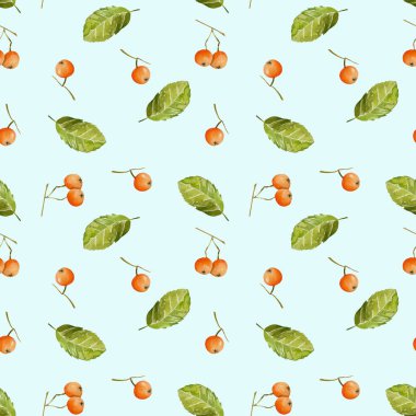 Suluboya üvez meyveleri ve seamless modeli, yaprakları el boyalı mavi bir arka plan üzerinde