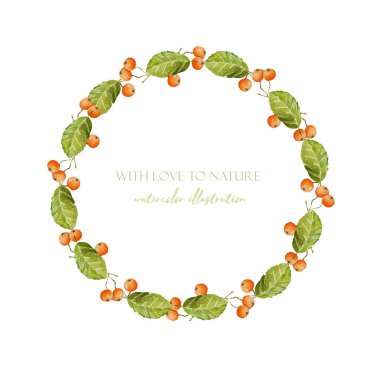 Suluboya üvez meyveleri ve çelenk, çerçeve kenarlığı, yaprakları el boyalı beyaz bir arka plan üzerinde