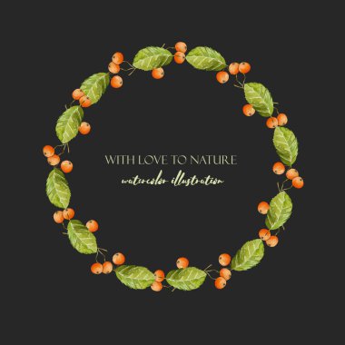 Suluboya üvez meyveleri ve çelenk, çerçeve kenarlığı, yaprakları el boyalı karanlık bir arka plan üzerinde