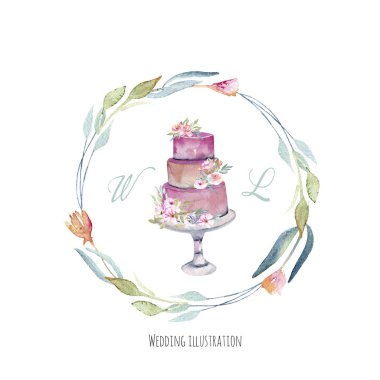 Beyaz bir arka plan üzerine suluboya tatil düğün pastası çiçek çelenk, düğün kartları tasarımı, davetiye, el ile boyalı