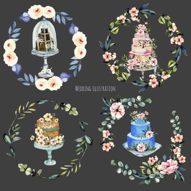 Suluboya tatil düğün pastaları pembe flowersand okaliptüs dalları çiçek çelenk illüstrasyon koleksiyonu, düğün kartları tasarımı, davetiye, el karanlık bir arka plan üzerine boyalı