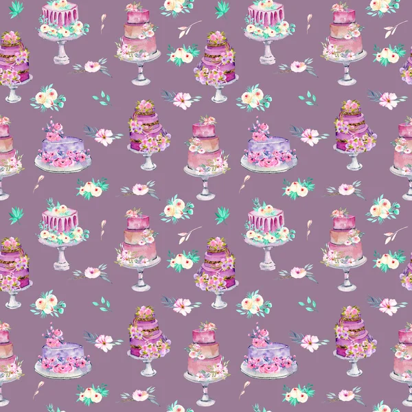 Watercolor Holiday Wedding Cakes Flowers Pink Mint Shades Seamless Pattern — Stock Photo, Image