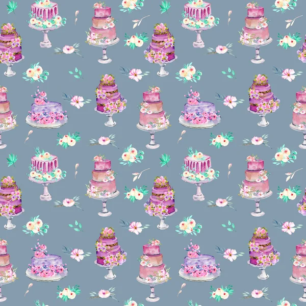 Watercolor Holiday Wedding Cakes Flowers Pink Mint Shades Seamless Pattern — Stock Photo, Image