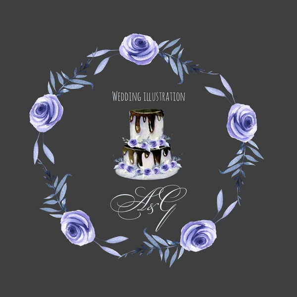 Watercolor Holiday Wedding Chocolate Cake Blue Roses Wreath Illustration Wedding — Stock Photo, Image