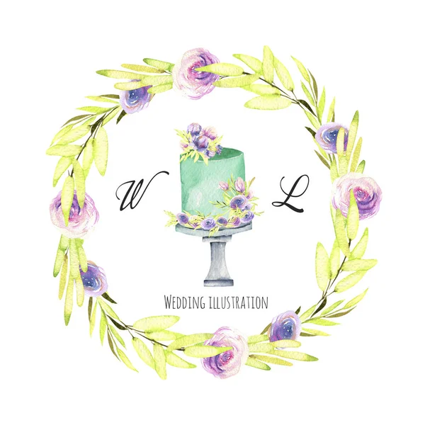 Watercolor Holiday Wedding Cake Green Purple Floral Wreath Illustration Wedding — Stock Photo, Image