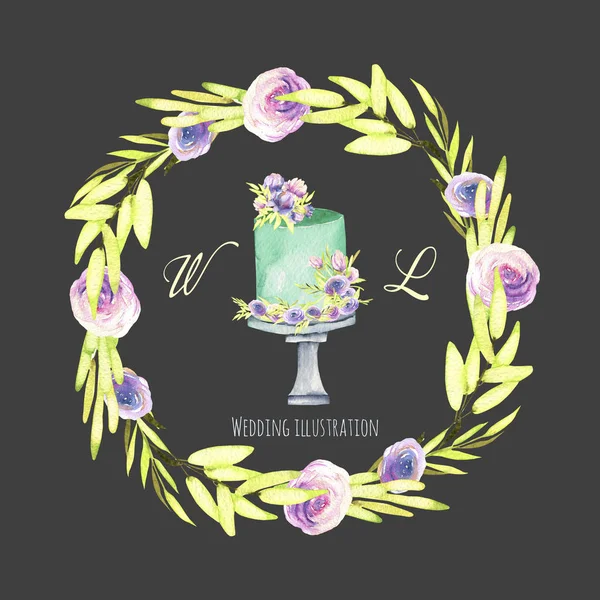 Watercolor Holiday Wedding Cake Green Purple Floral Wreath Illustration Wedding — Stock Photo, Image