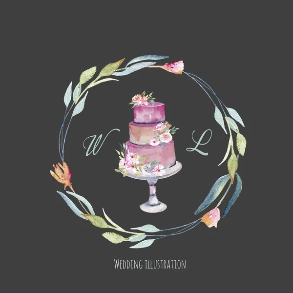 水彩节日婚礼蛋糕与花卉花圈 婚礼卡设计 邀请卡 手绘在黑暗的背景 — 图库照片