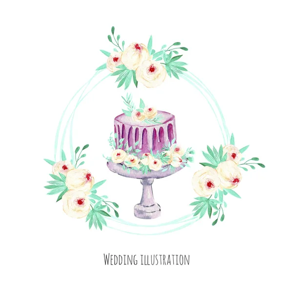 Watercolor holiday wedding cake with pink and mint floral wreath illustration, wedding card design, invitation card, hand painted on a white background