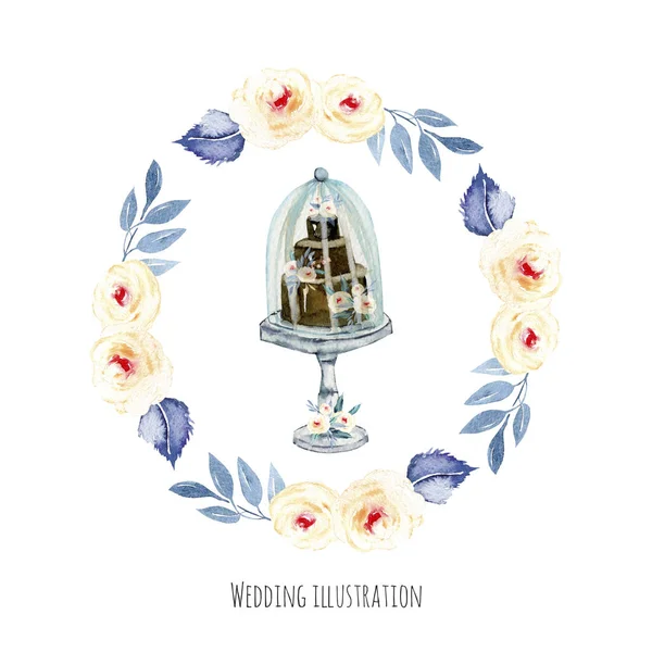 水彩节日婚礼蛋糕与粉红色和蓝色花卉花圈插图 婚礼卡设计 邀请卡 手绘白色背景 — 图库照片