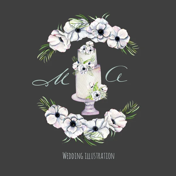 Aquarell Urlaub Hochzeitstorte Mit Anemonenkranz Illustration Hochzeitskarte Design Einladungskarte Hand — Stockfoto