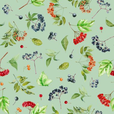 Watercolor viburnum, rowan and  elder branches seamless pattern, hand painted on a green background clipart
