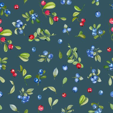 Suluboya kızılcık ve yaban mersini seamless modeli, el derin mavi bir arka plan üzerine boyalı