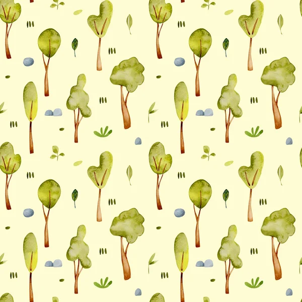 Árvores Aquarela Sem Costura Padrão Pintado Mão Fundo Amarelo — Fotografia de Stock