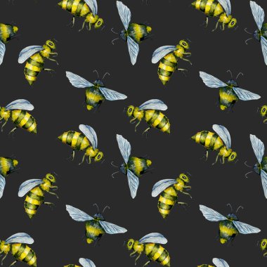 Dikişsiz desen suluboya arılar ile elle çizilmiş karanlık bir arka plan üzerinde izole.