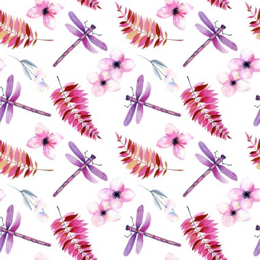 Beyaz bir arka plan üzerine suluboya mor yusufçuk, pembe çiçekler ve dalları, el ile Seamless modeli boyalı