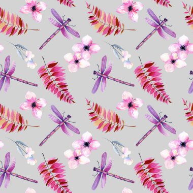 Suluboya mor yusufçuk, pembe çiçekler ve dalları, el ile Seamless modeli gri bir arka plan üzerine boyalı