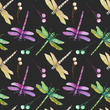 Seamless pattern with watercolor colorful dragonflies, hand painted on a dark background clipart