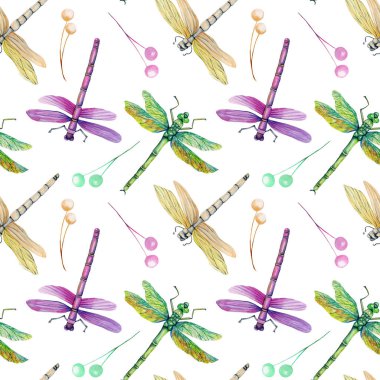 Seamless pattern with watercolor colorful dragonflies, hand painted on a white background clipart